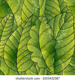 Green vector watercolor leaves seamless pattern. Hand drawn doodle style leaves background. Perfect for textile