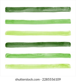 Green vector watercolor stripes big set, collection. Text background. Hand drawn watercolour rectangle shape streaks, uneven strokes, ribbons, bars, lines. Artistic aquarelle stains border template