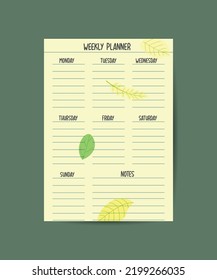 green vector weekly planner design template. Elegant floral leaves organizer and notepad. Week calendar schedule printable to-do list.