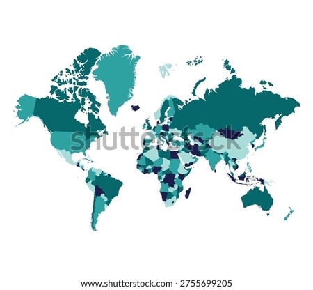Green Vector World Map with Detailed Country Borders. Professional Global Political Map Illustration