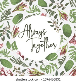 Green vector wreath frame flowers and leaves.Branches, brunia, eucalyptus, leucadendron, gaultheria, salal, jatropha. Botanical green on pink background. For wedding invitations, postcards
