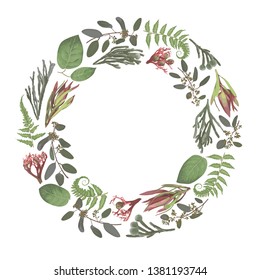 Green vector wreath frame flowers and leaves.Branches, brunia, eucalyptus, leucadendron, gaultheria, salal, jatropha. Botanical green on white background. For wedding invitations, round