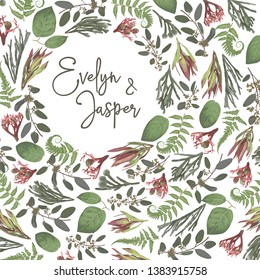 Green vector wreath frame flowers and leaves.Branches, brunia, eucalyptus, leucadendron, gaultheria, salal, jatropha. Botanical green on white background. For wedding invitations, semicircular