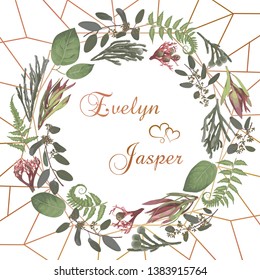 Green vector wreath frame flowers and leaves.Branches, brunia, eucalyptus, leucadendron, gaultheria, salal, jatropha. Botanical green on white background. For wedding invitations, round