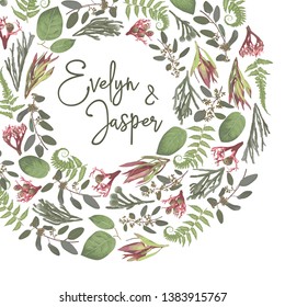 Green vector wreath frame flowers and leaves.Branches, brunia, eucalyptus, leucadendron, gaultheria, salal, jatropha. Botanical green on white background. For wedding invitations, semicircular