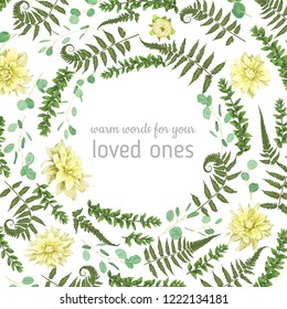 Green vector wreath frame made from twigs and leaves of eucalyptus, boxwood, flowers of yellow dahlia and fern isolated on white background. For wedding invitations, postcards
