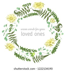 Green vector wreath frame made from twigs and leaves of eucalyptus, boxwood, flowers of yellow dahlia and fern isolated on white background. For wedding invitations, postcards

