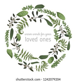 Green vector wreath frame made from twigs and leaves of eucalyptus, boxwood and fern isolated on white background. For wedding invitations, postcards, posters, vignettes
