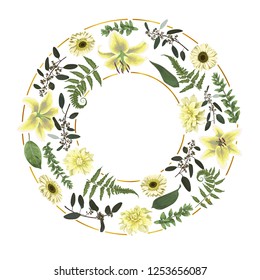 Green vector wreath frame made from twigs and  green forest leaf, fern, branches, buxus, eucalyptus. Flowers of white lily, gerbera, dahlia. For wedding invitations, postcards