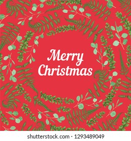 Green vector wreath frame made from twigs and leaves. Forest fern, herbs, eucalyptus, branches boxwood, buxus, brunia, botanical green isolated on red background. For сhristmas card, happy New Year,
