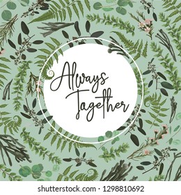 Green vector wreath frame made from twigs and leaves. Forest fern, herbs, eucalyptus, branches boxwood, buxus, brunia, botanical green isolated on light blue background. For wedding invitations
