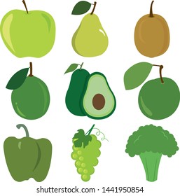 Green vectorial vegetables and fruits are all the same frame