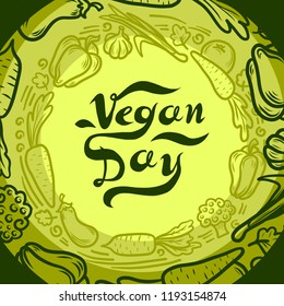 Green vegan day concept background. Hand drawn illustration of green vegan day vector concept background for web design