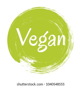 Green vegan diet label, painted logo emblem for food packaging, circle stamp vector illustration. Food vegan sticker, round logo vegetarian diet icon clip art, simple label graphic design.