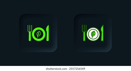 Green Vegan food diet icon isolated on black background. Organic, bio, eco symbol. Vegan, no meat, lactose free, healthy, fresh and nonviolent food. Black square button. Vector