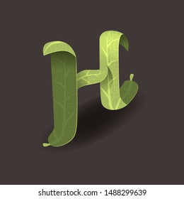 Green vegan isometric letter H. Eco hand drawn set. Healthy leaf collection. Organic 3D alphabet