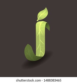 Green vegan isometric letter J. Eco hand drawn set. Healthy leaf collection. Organic 3D alphabet