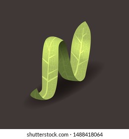 Green vegan isometric letter N. Eco hand drawn set. Healthy leaf collection. Organic 3D alphabet for Bio friendly text