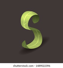 Green vegan isometric letter S. Eco hand drawn set. Healthy leaf collection. Organic 3D alphabet for Bio friendly text