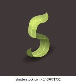 Green vegan isometric number five. Eco hand drawn set. Healthy leaf collection. Organic 3D alphabet for Bio friendly text