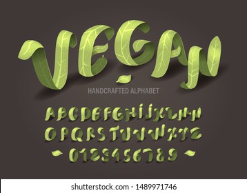 Green vegan isometric set of letters and numbers. Eco hand drawn set. Healthy leaf collection. Organic 3D alphabet for Bio friendly text