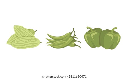 Green vegetable assortment showing piles of bitter gourds, fresh chili peppers, and ripe bell peppers arranged on a neutral background.