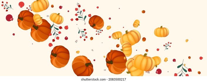 Green Vegetable Background Beige Vector. Gourd Wreath. Orange Thanksgiving Texture. Harvest Banner. Red Leaves Decorative Illustration.