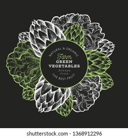 Green vegetable design template. Hand drawn vector food illustration on chalk board. Engraved style vegetable frame. Vintage botanical banner.