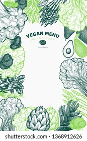 Green vegetable design template. Hand drawn vector food illustration. Engraved style vegetable frame. Vintage botanical banner.