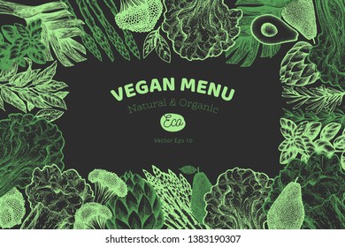 Green vegetable design template. Hand drawn vector food illustration on chalk board. Engraved style vegetable frame. Vintage botanical banner.