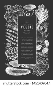 Green vegetable design template. Hand drawn vector food illustration on chalk board. Engraved style vegetable frame. Vintage botanical banner.