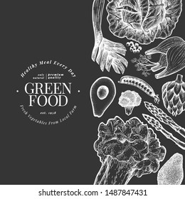 Green vegetable design template. Hand drawn vector food illustration on chalk board. Engraved style vegetable frame. Vintage botanical banner.