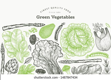 Green vegetable design template. Hand drawn vector food illustration. Engraved style vegetable banner. Vintage botanical banner.