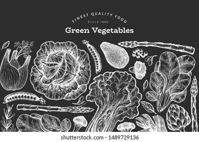 Green vegetable design template. Hand drawn vector food illustration on chalk board. Engraved style vegetable frame. Retro botanical banner.