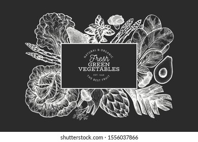 Green vegetable design template. Hand drawn vector food illustration on chalk board. Engraved style vegetable banner. Vintage botanical banner.