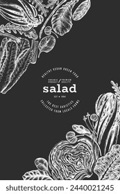 Green Vegetable Design Template. Vector Hand Drawn Healthy Leaf Salad Banner. Vintage Style Menu IllustrationOn Chalk Board.
