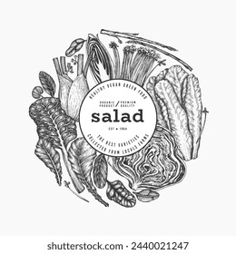 Green Vegetable Design Template. Vector Hand Drawn Healthy Leaf Salad Banner. Vintage Style Menu Illustration.