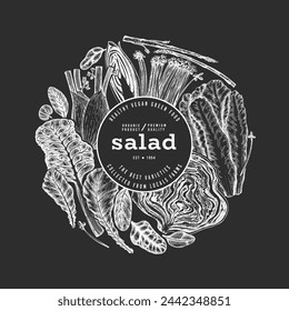 Green Vegetable Design Template. Vector Hand Drawn Healthy Leaf Salad Banner. Vintage Style Menu IllustrationOn Chalk Board.