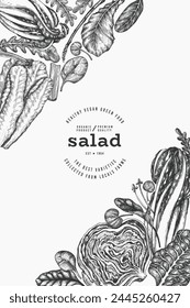 Green Vegetable Design Template. Vector Hand Drawn Healthy Leaf Salad Banner. Vintage Style Menu Illustration.