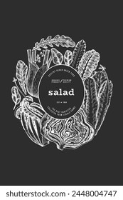 Green Vegetable Design Template. Vector Hand Drawn Healthy Leaf Salad Banner. Vintage Style Menu IllustrationOn Chalk Board.