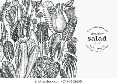 Green Vegetable Design Template. Vector Hand Drawn Healthy Leaf Salad Banner. Vintage Style Menu Illustration.