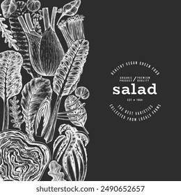 Green Vegetable Design Template. Vector Hand Drawn Healthy Leaf Salad Banner. Vintage Style Menu IllustrationOn Chalk Board.