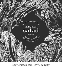 Green Vegetable Design Template. Vector Hand Drawn Healthy Leaf Salad Banner. Vintage Style Menu IllustrationOn Chalk Board.