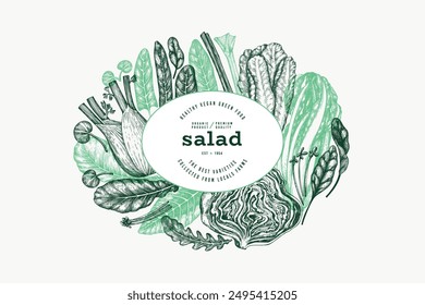 Green Vegetable Design Template. Vector Hand Drawn Healthy Leaf Salad Banner. Vintage Style Menu Illustration.