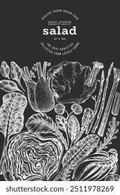 Green Vegetable Design Template. Vector Hand Drawn Healthy Leaf Salad Banner. Vintage Style Menu IllustrationOn Chalk Board.