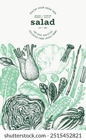 Green Vegetable Design Template. Vector Hand Drawn Healthy Leaf Salad Banner. Vintage Style Menu Illustration.