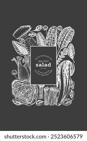 Green Vegetable Design Template. Vector Hand Drawn Healthy Leaf Salad Banner. Vintage Style Menu IllustrationOn Chalk Board.
