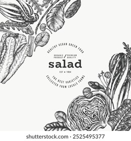 Green Vegetable Design Template. Vector Hand Drawn Healthy Leaf Salad Banner. Vintage Style Menu Illustration.
