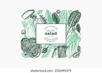 Green Vegetable Design Template. Vector Hand Drawn Healthy Leaf Salad Banner. Vintage Style Menu Illustration.