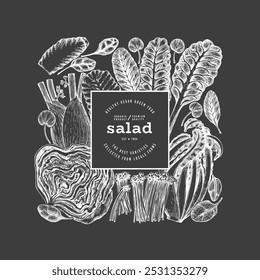 Green Vegetable Design Template. Vector Hand Drawn Healthy Leaf Salad Banner. Vintage Style Menu IllustrationOn Chalk Board.